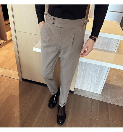 Autumn Winter High Waist Business Dress Pants Men Casual Belt Design Slim Suit Pants Formal Wedding Social Party Male Trousers