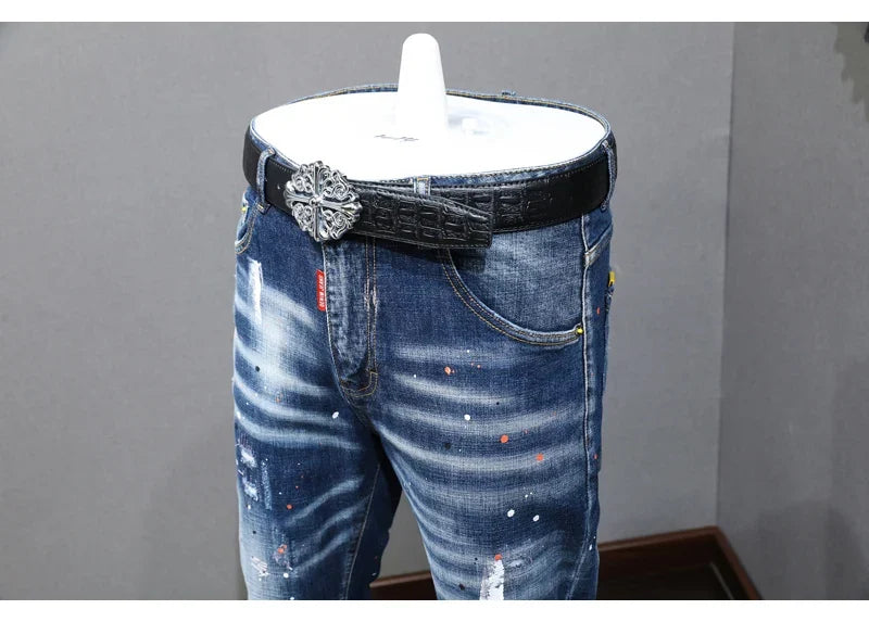 Fashion Designer Men Jeans Retro Blue Stretch Slim Fit Painted Ripped Jeans Men Korean Style Vintage Casual Denim Pants Hombre
