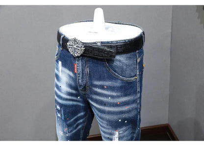 Fashion Designer Men Jeans Retro Blue Stretch Slim Fit Painted Ripped Jeans Men Korean Style Vintage Casual Denim Pants Hombre