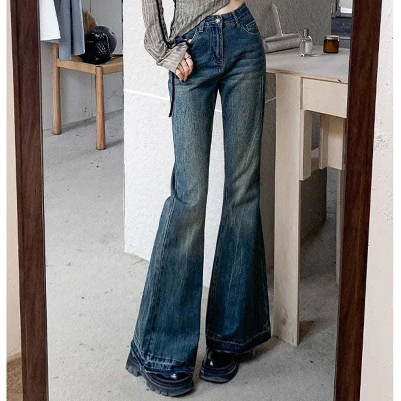 Woman High Waist Vintage Casual Flare Jeans Girls Elastic Slim Fit Bell Bottom Pants Lady Fashion Blue Black Grey Denim Trousers