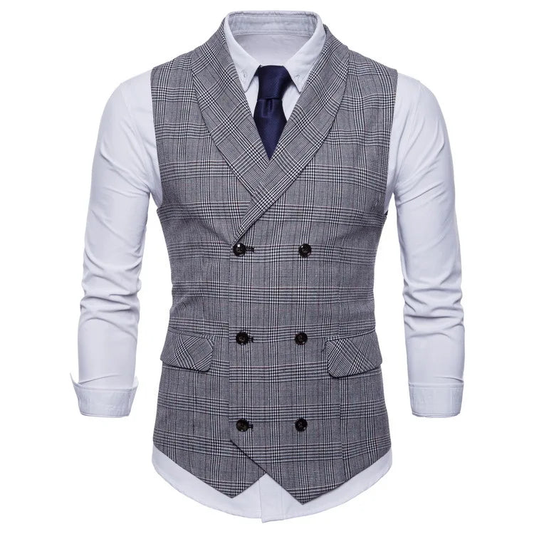 New Men's Checkered Vest, Male Casual Business Suit Vest, Plus Size British-Style  Four Seasons Double Breasted Slim Fit Vest