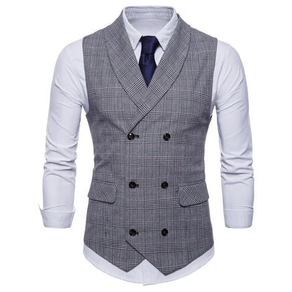 New Men's Checkered Vest, Male Casual Business Suit Vest, Plus Size British-Style  Four Seasons Double Breasted Slim Fit Vest