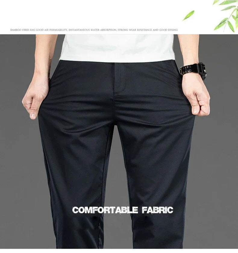 Spring Summer New Men's Casual Pants Thin Mulberry Silk Soft Business Casual Trousers Slim Straight Elastic Suit Pants Male