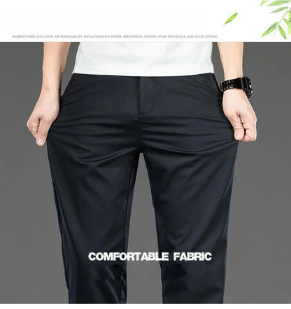 Spring Summer New Men's Casual Pants Thin Mulberry Silk Soft Business Casual Trousers Slim Straight Elastic Suit Pants Male