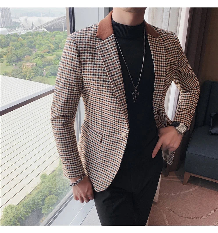 2024 Autumn Winter Korean  Houndstooth Blazer Jackets Fashion Color Matching Lapel Design Casual Men's Plaid Suit Coat Tuxedo