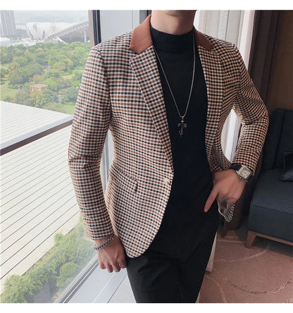 2024 Autumn Winter Korean  Houndstooth Blazer Jackets Fashion Color Matching Lapel Design Casual Men's Plaid Suit Coat Tuxedo
