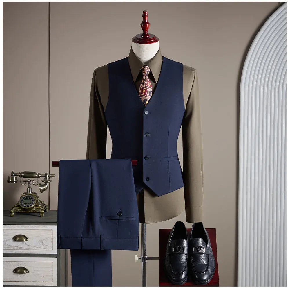 High-End Wool Suit Set for Men, Fashionable and Stylish Business Casual Three-Piece Suit, Tencel Suit, Groom's Wedding Dress