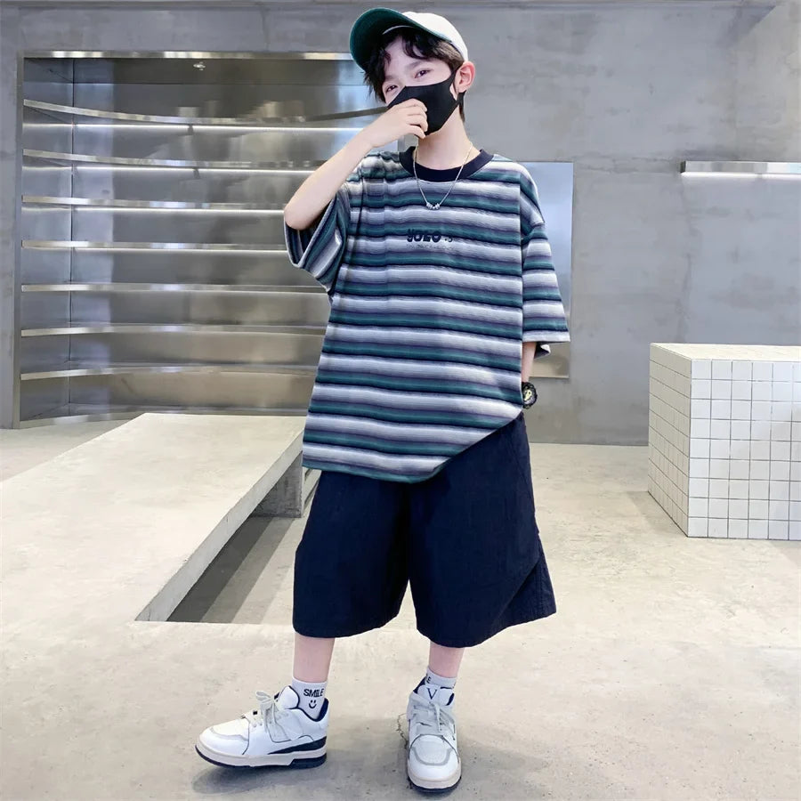 2026 Children Summer Clothes Set for Teen Boy Cotton Striped T-Shirt Shorts Two Pieces Outfit Suit Kids Clothing 5 7 9 11 13 14Y
