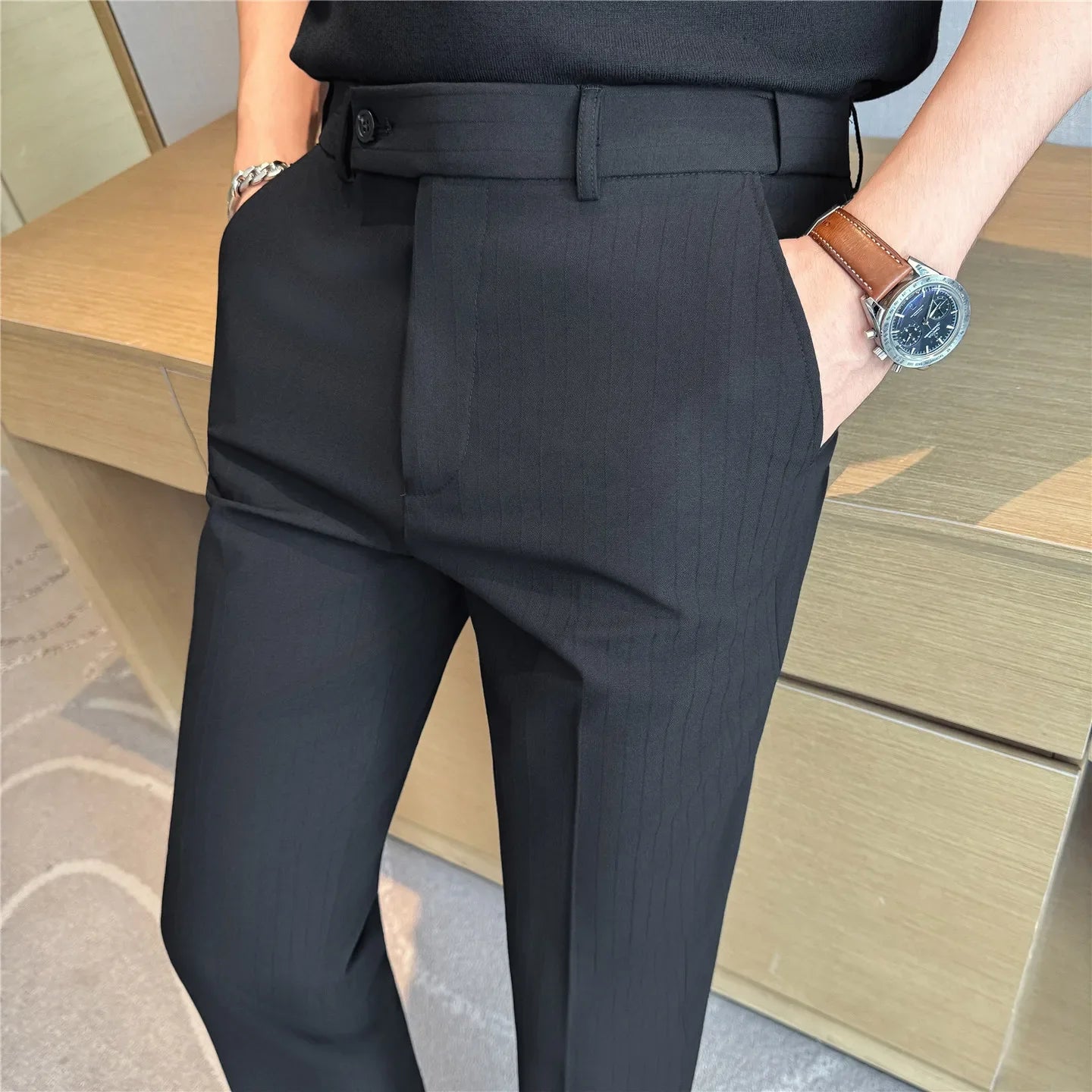 Spring Autumn New Elastic Waist Casual Trousers Male High Waist Dark Striped Slim Fit Pants Men Business Formal Casual Suit Pant