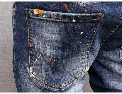 Fashion Streetwear Men Jeans Retro Black Blue Elastic Slim Fit Ripped Jeans Men Spliced Designer Embroidery Hip Hop Denim Pants