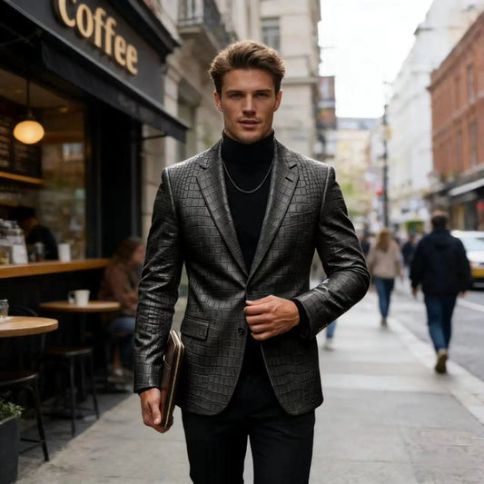 Men's Crocodile Embossed Leather Blazer British Vintage Notched Lapel Slim Fit Business Suit Jacket Two Button Flap Pockets Coat