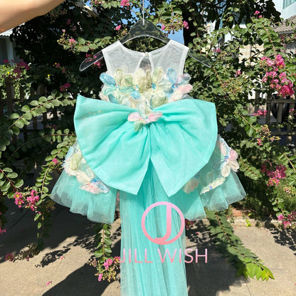 D113 Elegant Turquoise Flower Girl Dress Lace Knee Length Princess Children Wedding 1st Birthday Pageant Party Gown