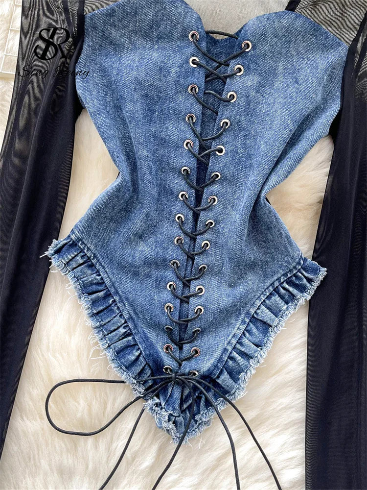 American Retro Patchwork Sexy Blouse 2024 Women Squre Neck Long Sleeves Sheer Top Streetwear Ins Lace Up Denim Shirt