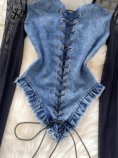 American Retro Patchwork Sexy Blouse 2024 Women Squre Neck Long Sleeves Sheer Top Streetwear Ins Lace Up Denim Shirt