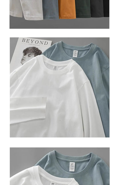 Men's 260G Long Sleeve T Shirts 2025 Spring Pure Cotton Solid Color Basic Crew-Neck Undershirt Men's Loose Tops 11 Color