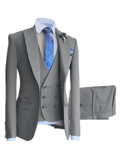 Men Suits Slim Fit Shawl Lapel Wool Tweed Prom Grey Formal Tuxedos Wedding Groomsmen Brown 3 Pieces (Blazer+Vest+Pants)