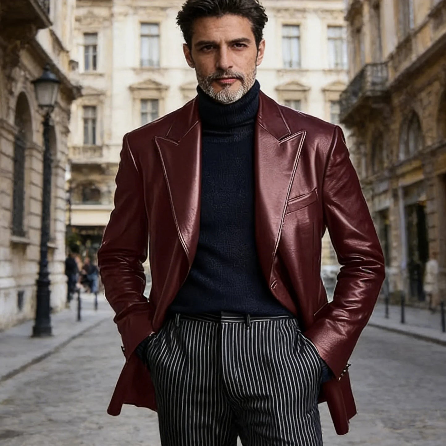 Men's Dress Leather Jacket Burgundy Luxury Slim Fit Notchde Lapel Flap Pocket Retro Soft Sport Coat For Business Casual