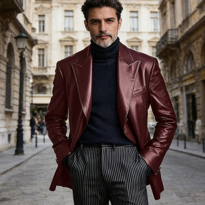 Men's Dress Leather Jacket Burgundy Luxury Slim Fit Notchde Lapel Flap Pocket Retro Soft Sport Coat For Business Casual