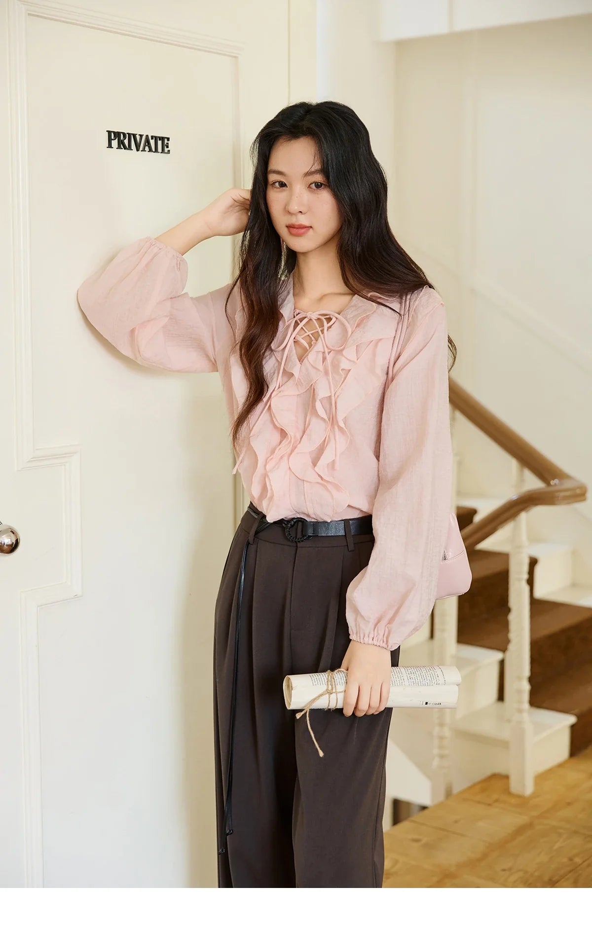 Pink Ruffled Blouse for Woman 2025 Autumn New Elegant Sweet V-neck Lace-up Design Shirt Lantern Sleeves Top MXE49X2504