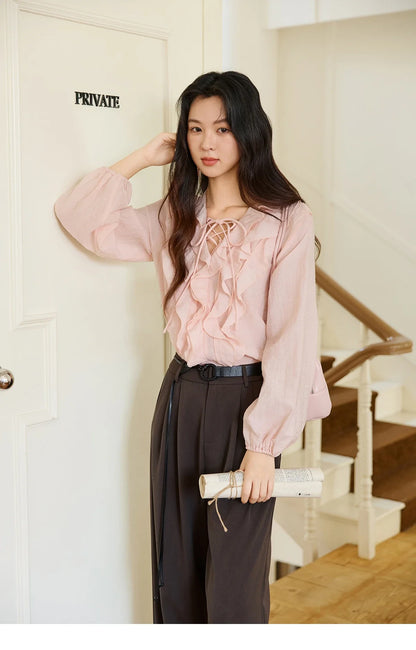 Pink Ruffled Blouse for Woman 2025 Autumn New Elegant Sweet V-neck Lace-up Design Shirt Lantern Sleeves Top MXE49X2504