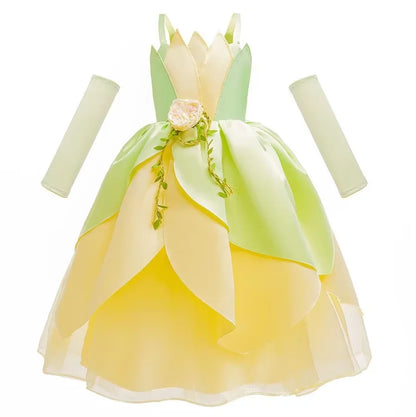 Girls Cosplay Tiana Yellow Short-Sleeved Fluffy Princess Dress For Girl Birthday Party Princess Dress With Accessories