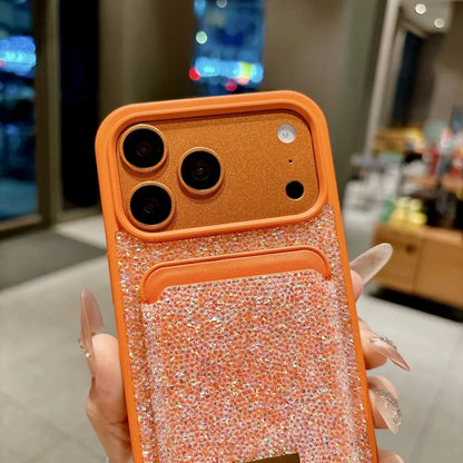 Luxury Glitter Flash Diamond Case With Magnetic Card Bag For iPhone 17 Air 16 15 14 Plus 13 12 Pro Max Anti-drop Protector Shell