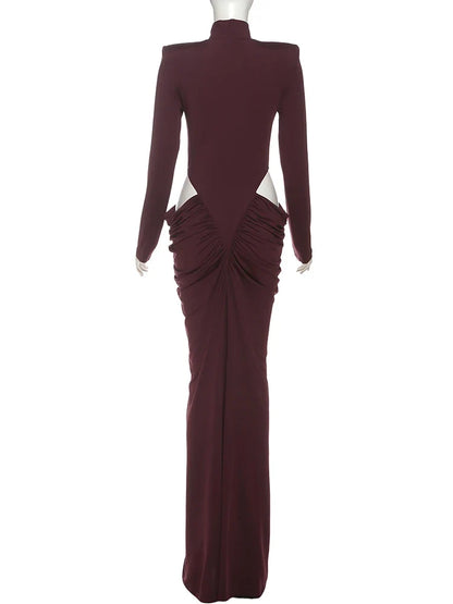 Nibber Hipster Waistless Ruched Elegant Dress Woman Autumn Style Turtleneck Full Sleeve Hollow Design Prom Party Long Bodycon