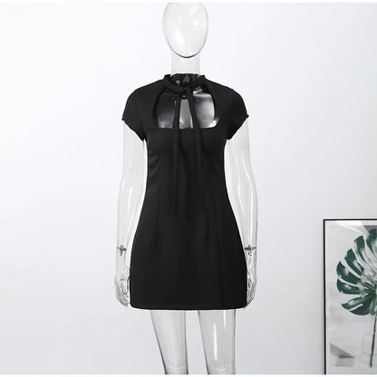 Fashion Lace Up Polka Dot Mini Dress Women Square Collar Short Sleeve Satin Party Dresses2026 Summer Lady Elegant Beach Robe New