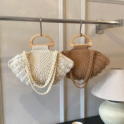 2026 New Retro Fan-shaped Crochet Woven Underarm Bag for Women Ins Style Seaside Vacation Versatile Wooden Handle Shoulder Bag