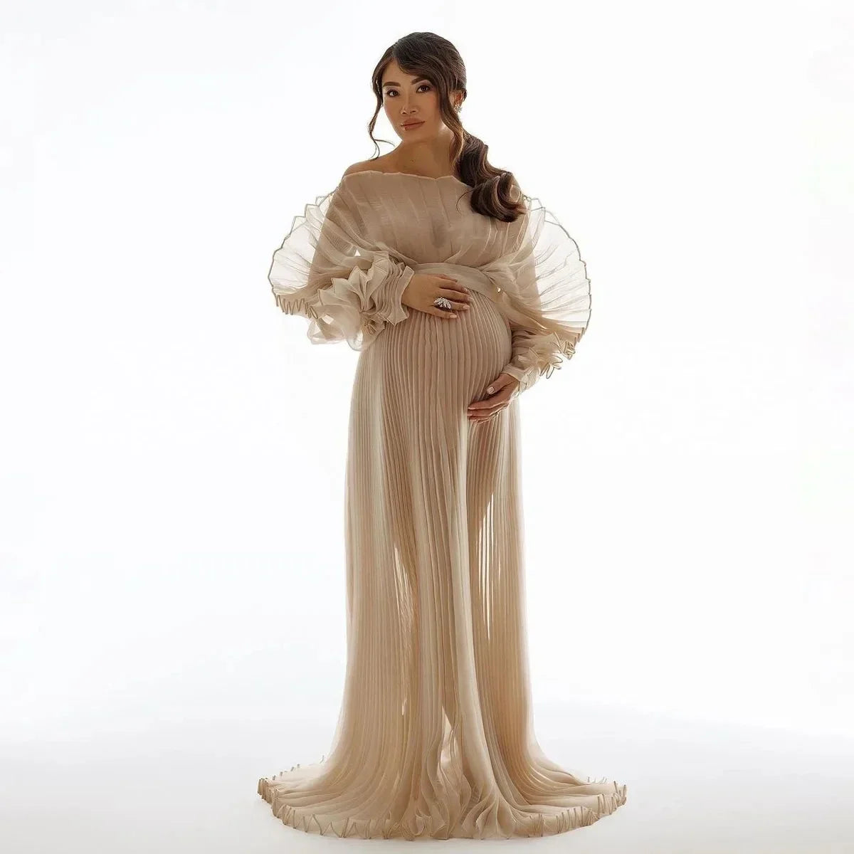 2026 Fashion Sheer Pleated Organza Maternity Dresses for Photoshoot Long Dress for Maternity Shoot Baby Shower Dresses YEWEN