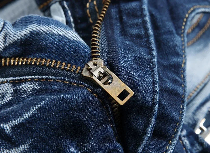 Zipper Pocket Retro Nostalgic Jeans Men's New Style High Street Motorcycle Fashion Stretch Slim Straight Denim Trousers Male