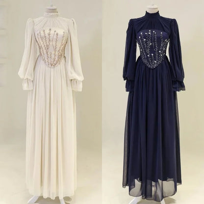 Customized Exquisite Chiffon Draped Sequined Rhinestone A-line High Collar Long Dresses Bespoke Occasion Dresses Formal Retro