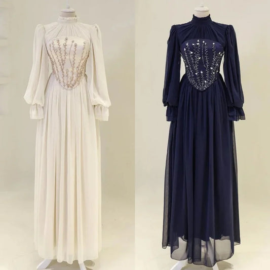 Customized Exquisite Chiffon Draped Sequined Rhinestone A-line High Collar Long Dresses Bespoke Occasion Dresses Formal Retro