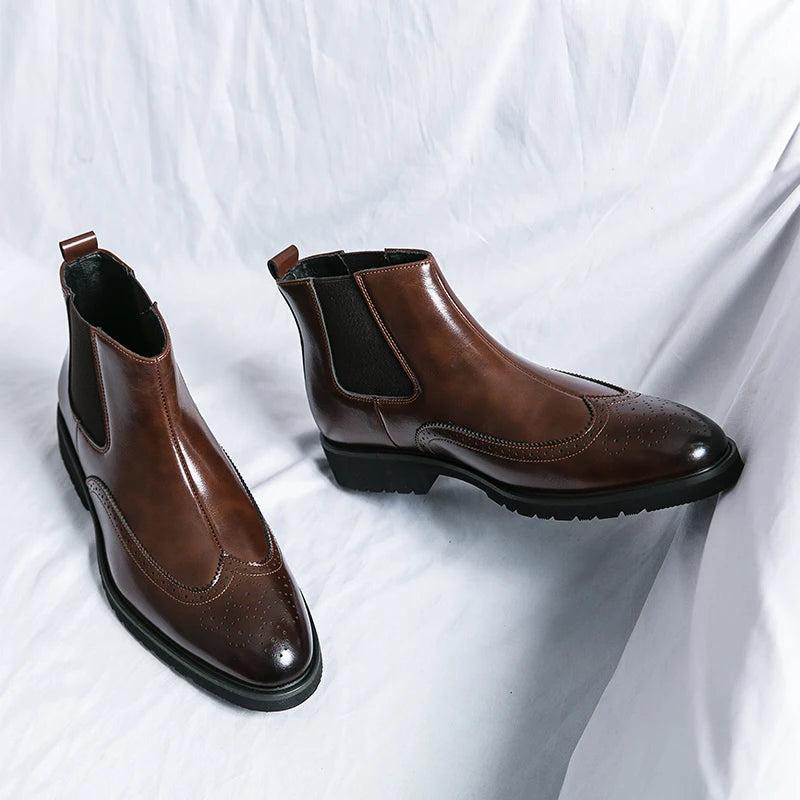 Luxury Men Brogue Boots Men's Ankle Boots High Quality Mens Chelsea Boots Slip on Oxford Formal Business Shoes Plus Size 38-46