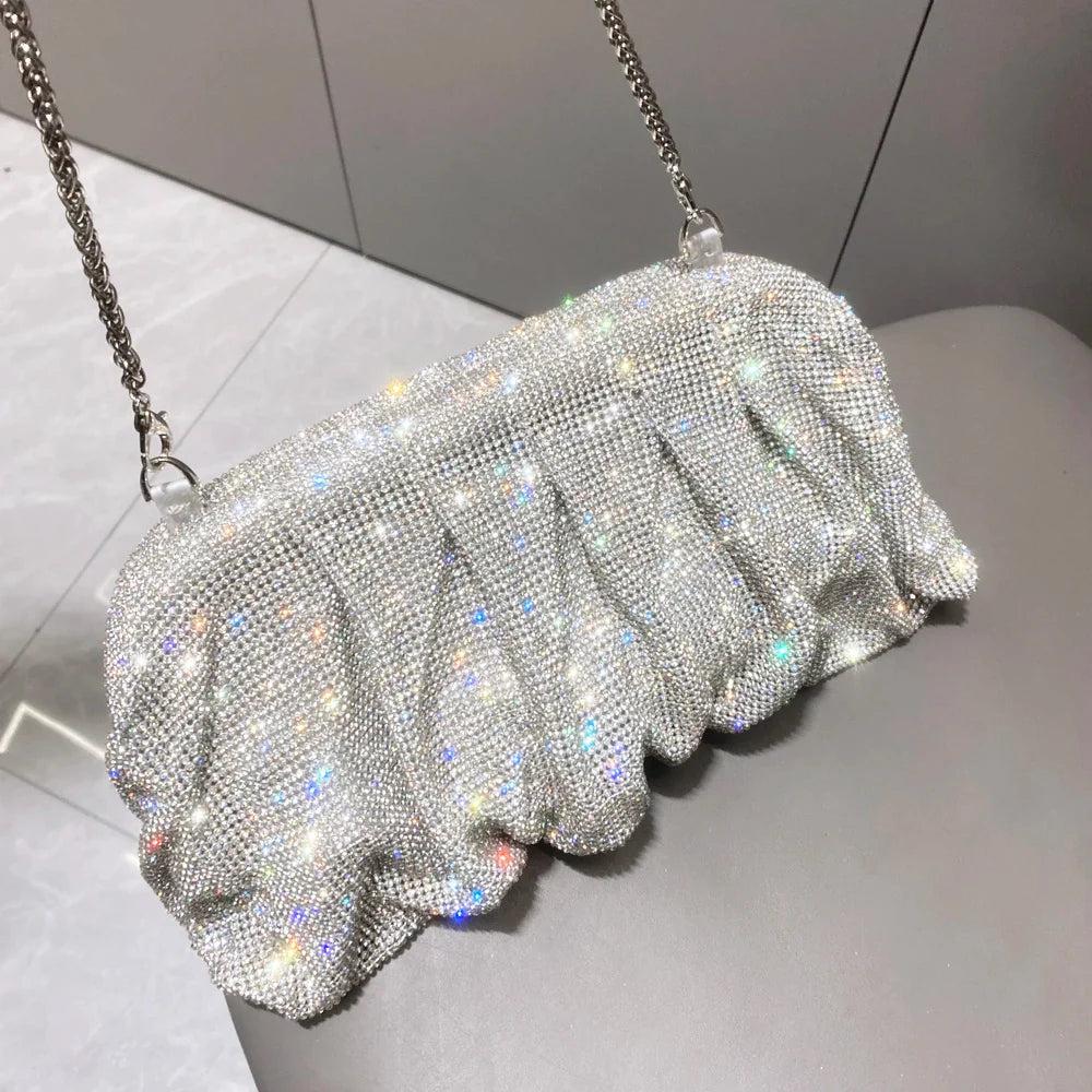 Shiny Handle Rhinestones Handmade Evening Clutch Bags New Folds Purses And Handbags Luxury Designer Wedding Party High Quality