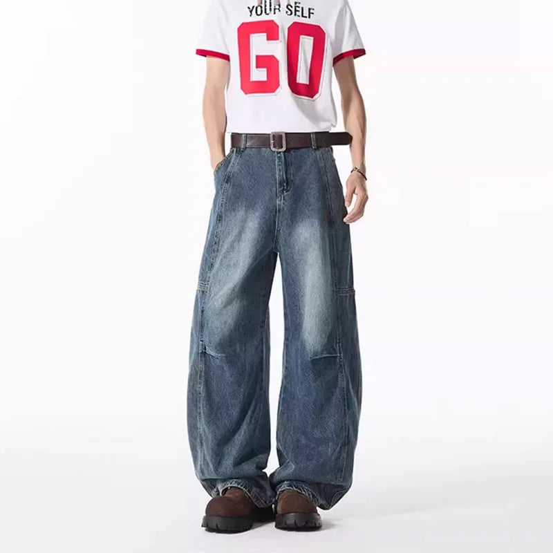 Spring And Summer Retro Blue Curved Knife Jeans Korean Version Men'S Loose Straight Leg Pants Wide Leg Casual Pants