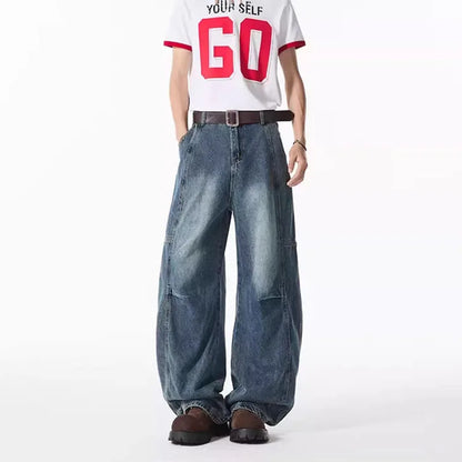 Spring And Summer Retro Blue Curved Knife Jeans Korean Version Men'S Loose Straight Leg Pants Wide Leg Casual Pants