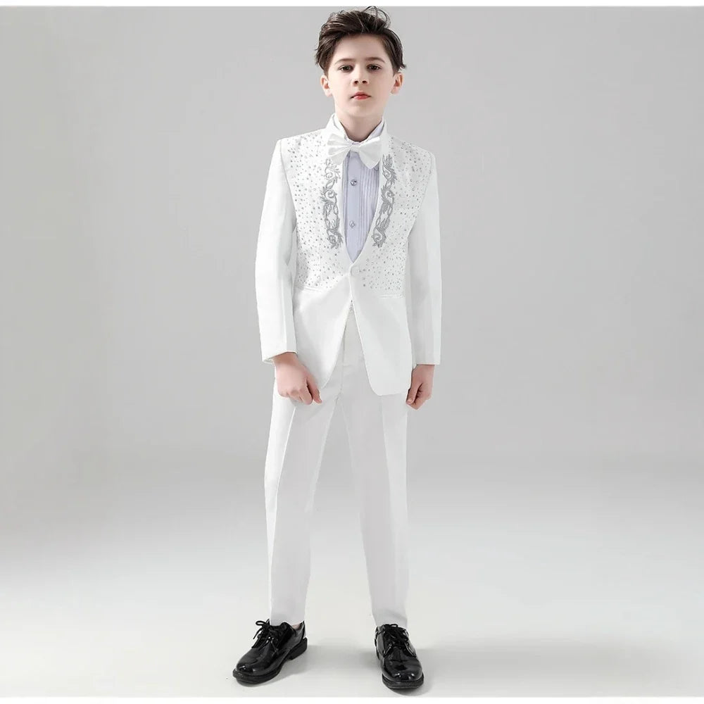 White Elegant Beaded Suit Set 2 Pieces For Kids Wedding Ring Bearer Outfit,Fashionable Stand-up Collar Boys Tuxedo For Party