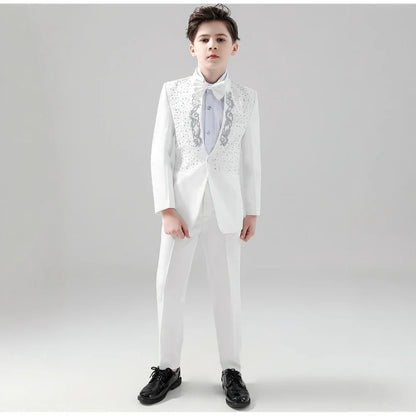 White Elegant Beaded Suit Set 2 Pieces For Kids Wedding Ring Bearer Outfit,Fashionable Stand-up Collar Boys Tuxedo For Party