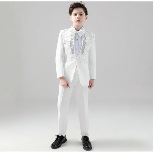 White Elegant Beaded Suit Set 2 Pieces For Kids Wedding Ring Bearer Outfit,Fashionable Stand-up Collar Boys Tuxedo For Party