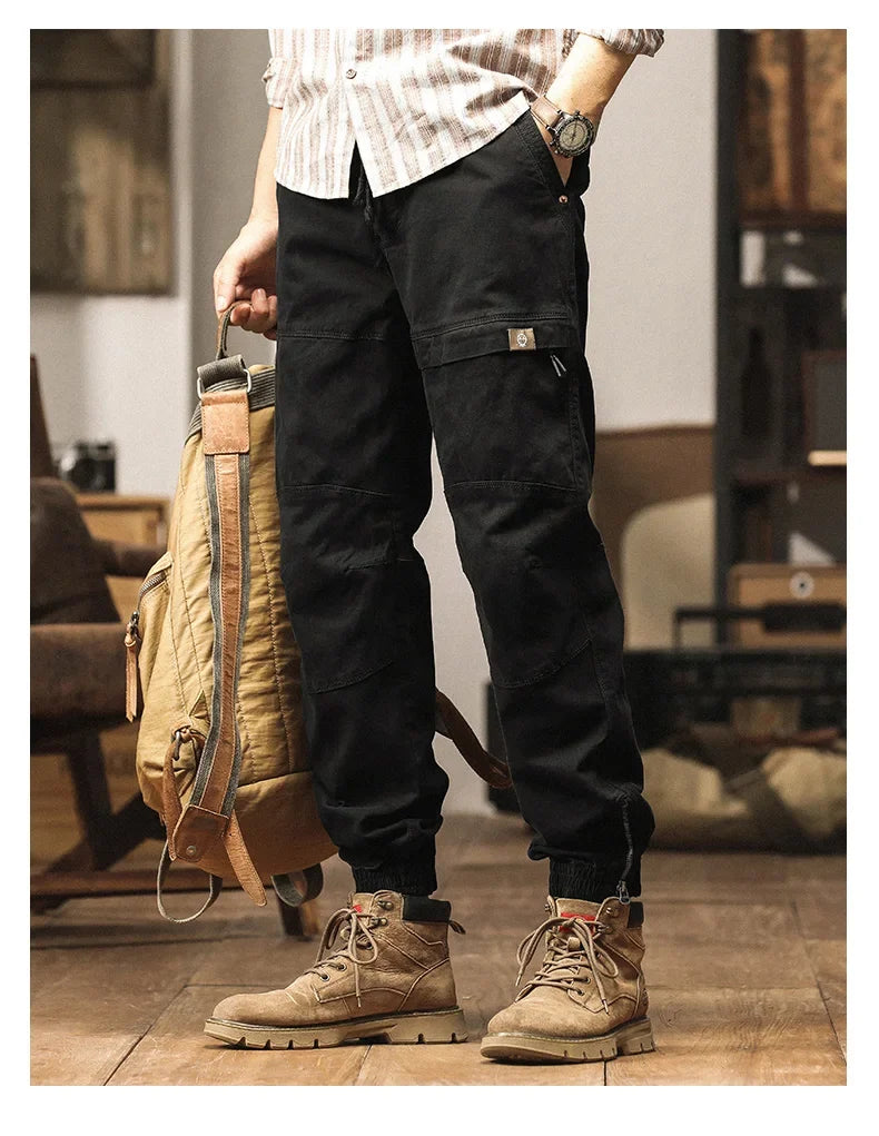 Cotton Men's Cargo Pants Elastic Waist Stretch Trouser Male Multi Pocket Casual Jogger Fit Ankle Length Zipper Purple Drawstring