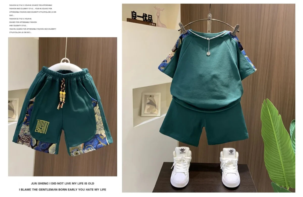 Korean Clothes for Children Boys T-shirt Shorts 2-piece Set Summer Cotton Short Sleeve Kids Clothes Sets Baby Tracksuit 2-11Y