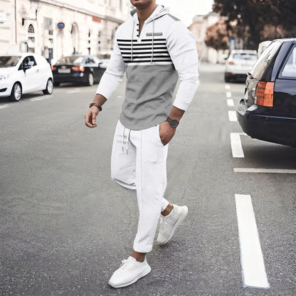 New Men's Waffle Casual Set Outdoor Four Seasons Versatile Trendy Stripe Color blocked Hoodie, Casual Pants Two Piece Set