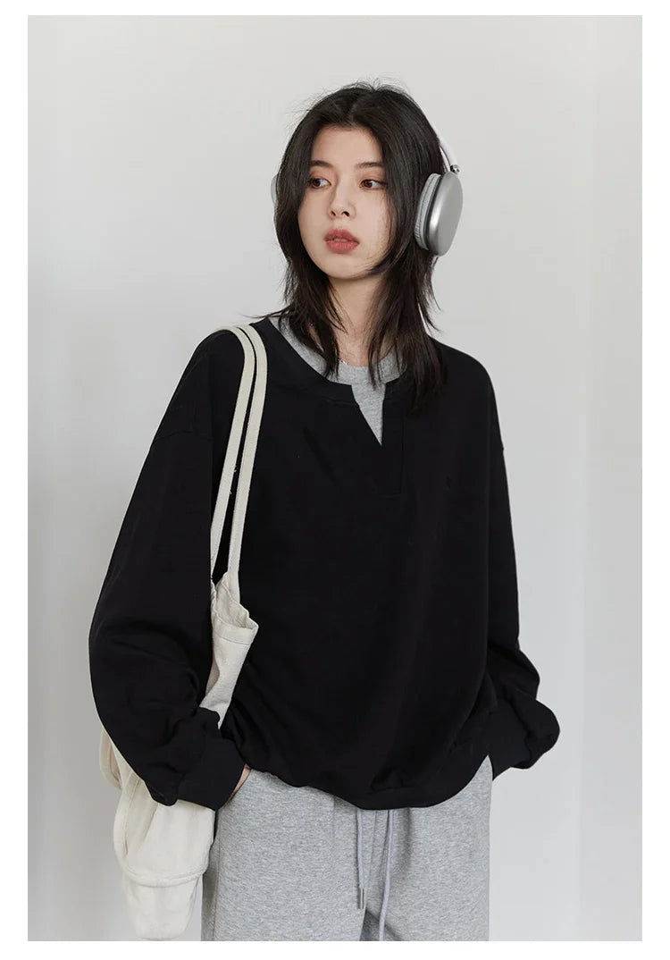 Korean Women Sweatshirts Loose Casual New Contrast Splicing Hoodie Female Top Woman T Shirt Pullover Spring Autumn 2025