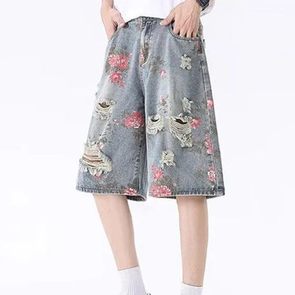 2025 Mens Rose Print Distressed Denim Shorts Summer Baggy Ripped Jeans Five Inch Cargo Shorts Y2K Streetwear Vintage Hip Hop