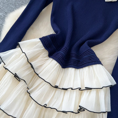 Autumn 3D Floral Spliced Long Dress 2025 Female O Neck Long Sleeves High Quality Slim Luxury Knitted Party Cake Dress