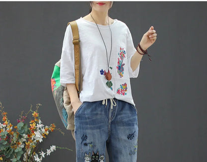2025 Fashion Summer Streetwear Denim Trousers Ladies Vintage Elastic Jeans Womens Casual Loose Embroidery Harem Pants