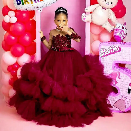 Fuchsia Princess Girls Birthday Party Dress Tiered Ruffles Long Sleeve Flower Girl Dresses for Wedding Kids Prom Gown Customized