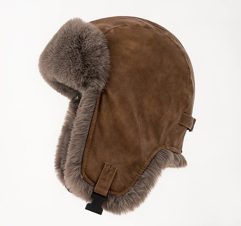 Men Winter Bomber Hat Outdoor Motorcycle Windproof Thicken Warm Faux Fur Pilot Earflap Hat Leather Thermal Ushanka