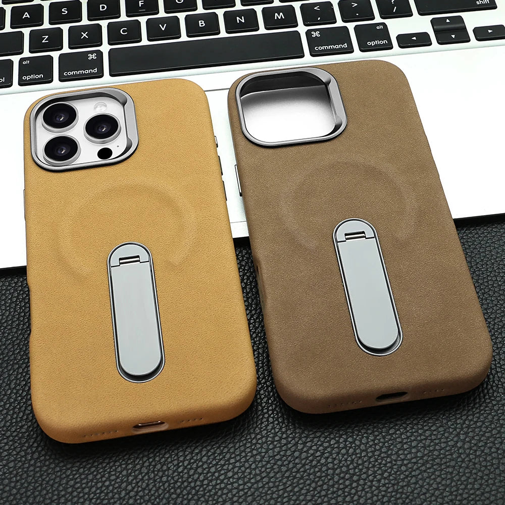 For iPhone 17 Pro Protective Case With Metal Rotatable Kickstand Suede Artificial Leather Phone Case For iPhone 17 16 15 Pro Max